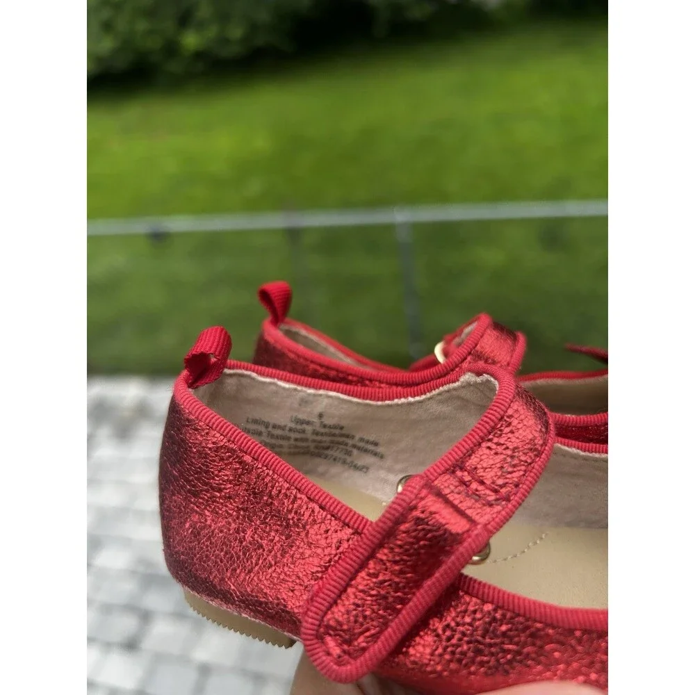 Cat & Jack Girls Size 6 Red Metallic Bow Mary Jane Flats